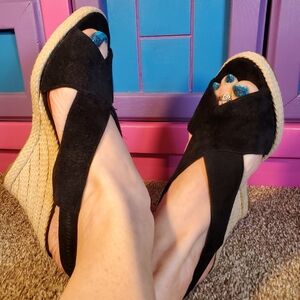 Black suede slip on peek-a-boo open toe wedge heel sandles size 8.5 NWOT